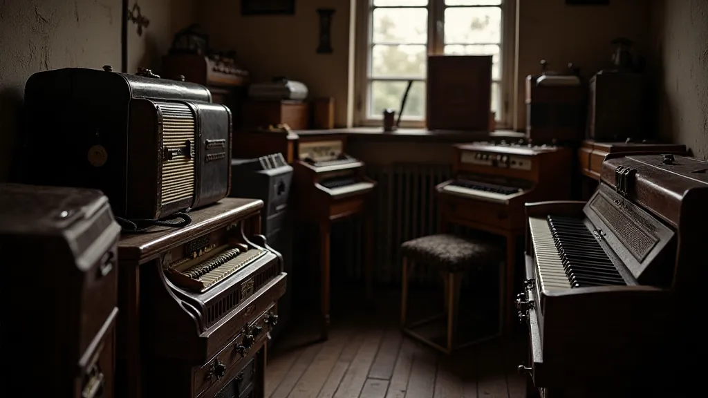 Collection of antique accordions in a vintage room